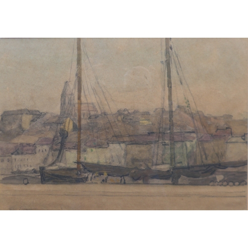 7124 - GEORGE THOMSON RA (1860-1939) A framed and glazed watercolour, docked ships at quayside. Signed bott... 