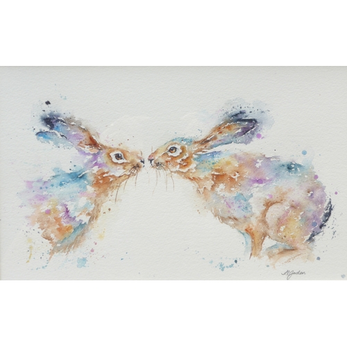 7126 - AMANDA GORDON (XX/XXI) A framed and glazed watercolour on paper, 'Gentle Courtship' depicting Hares.... 