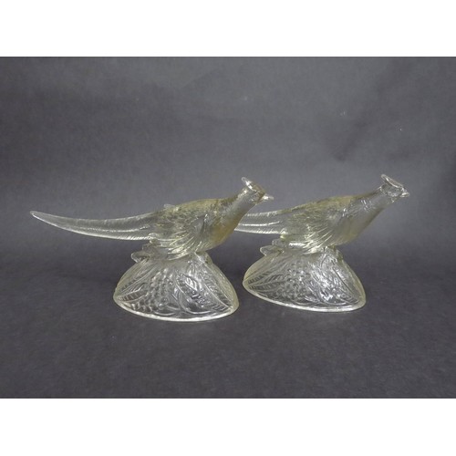 4032 - A pair of K.R.Haley pressed glass figures of Pheasants (one beak chipped), 15cm tall x 28cm long