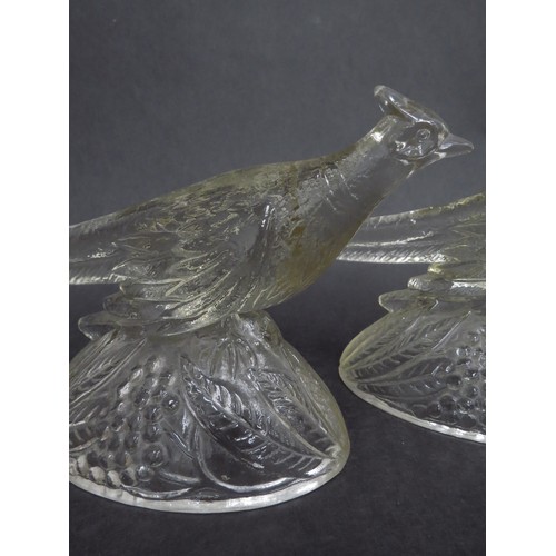 4032 - A pair of K.R.Haley pressed glass figures of Pheasants (one beak chipped), 15cm tall x 28cm long