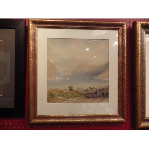 4048 - Four Victorian watercolours, one by Edward Henley depicting two figures by lake surrounded by mounta... 