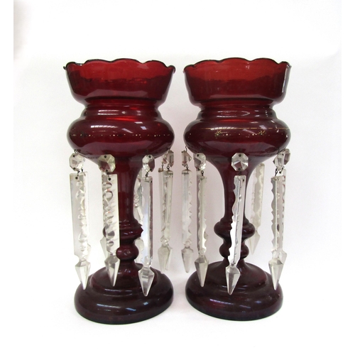 4053 - A pair of ruby glass lustres with crystal drops, 35.5cm tall