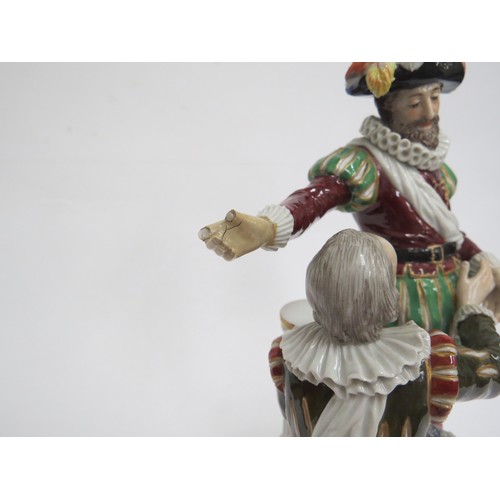 4055 - A late 19th Century Continental porcelain figural group as two thespians in striped pantaloons, one ... 