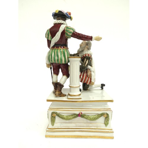 4055 - A late 19th Century Continental porcelain figural group as two thespians in striped pantaloons, one ... 