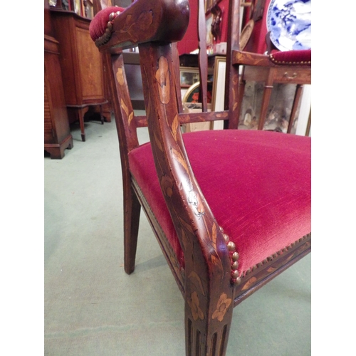 4013 - A 19th Century Dutch marquetry inlaid armchair with padded arm rests over square tapering fore legs ... 