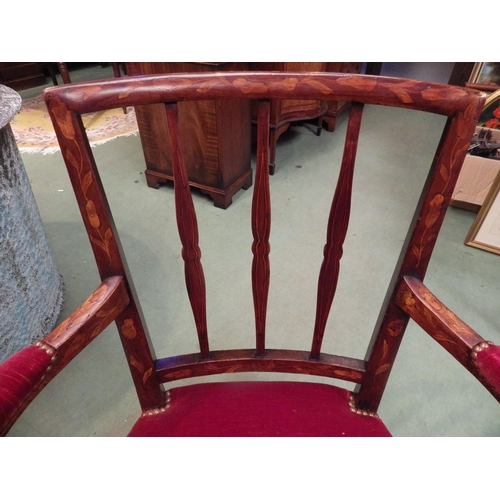 4013 - A 19th Century Dutch marquetry inlaid armchair with padded arm rests over square tapering fore legs ... 