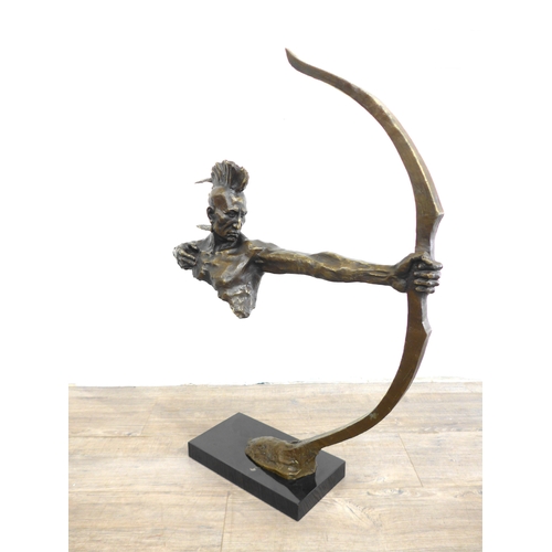 7129 - A sculptural bronze of an American Indian holding a bow. Set on a slate plinth base. 84cm high