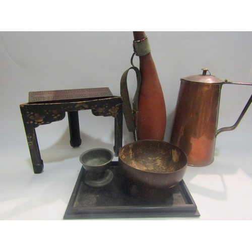 4332 - A selection of miscellaneous including copper pot, tribal water bottle, chinoiserie corner unit