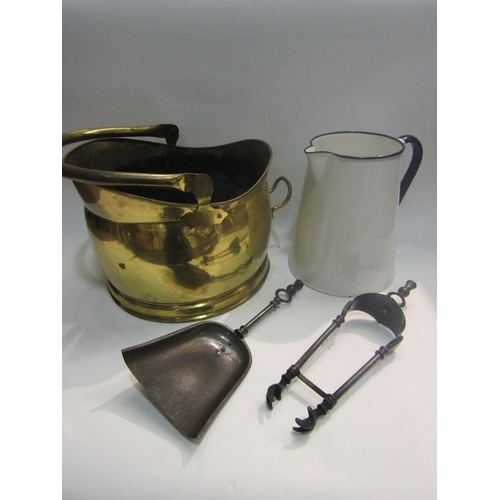 4333 - A brass helmet coal scuttle and large enamel jug