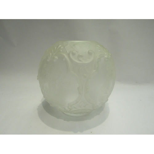 4462 - A frosted glass oil lamp globe with scenes of courting couples, chipped