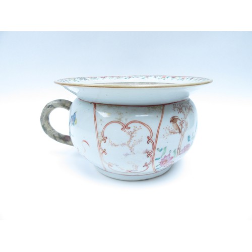 6262 - An 18th Century Qianlong chamber pot with floral rim replacement handle, 14cm tall x 23cm diameter