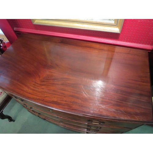 4028 - A circa 1840 flame mahogany bow-front chest of four drawers with brass swan-neck handles over ogee b... 