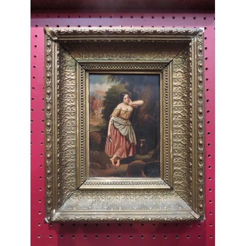 4051 - A 19th Century oil on wooden panel, young maiden leaning against a tree.  Unsigned.  Set in an ornat... 