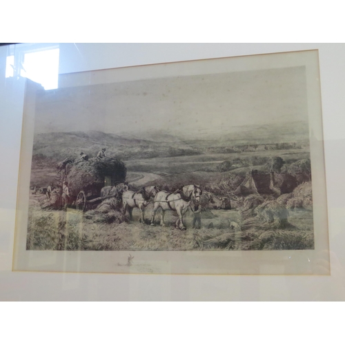 4064 - Two framed and glazed prints - Gathering the harvest (foxed), 35cm x 52cm image size, and 