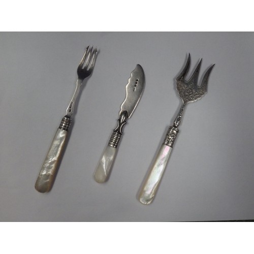 1490 - Two hallmarked silver pickle forks and butter knife with mother-of-pearl handles