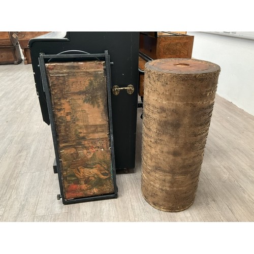 9009 - A piano barrel, 37cm x 86cm, thought to be 48 note, together with a barrel piano pictorial screen (2... 