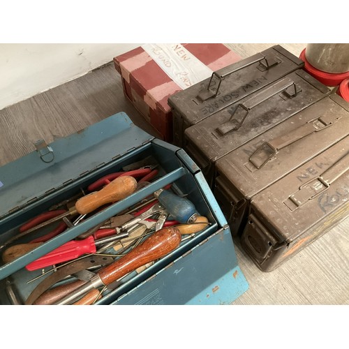 9015 - A toolbox with piano tool contents including tuning handles, pliers etc and a quantity of pins. 

Co... 