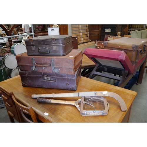 2418 - Three vintage cases, hockey stick and tennis racket