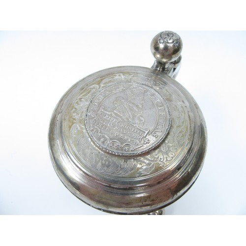 6378 - A Danish/Scandinavian silver peg tankard inset with coins from the 17th Century.  The top set with C... 