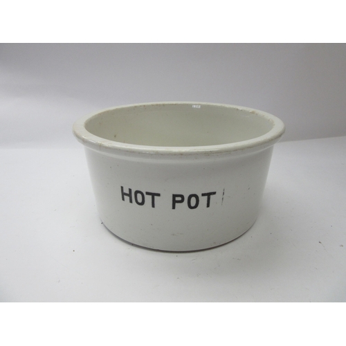 8133 - An early 20th Century white ironstone cooking pot marked 'Hot Pot', 10cm tall x 21cm diameter