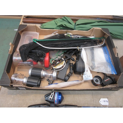 8177 - A box of fishing tackle, landing net, rests and fishing umbrella