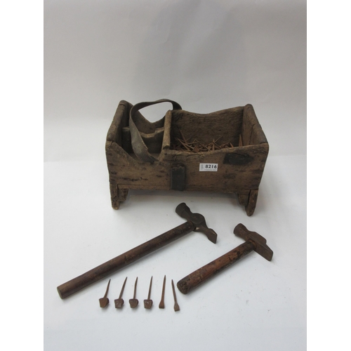 8216 - A rustic blacksmiths nail box, nails and two hammers