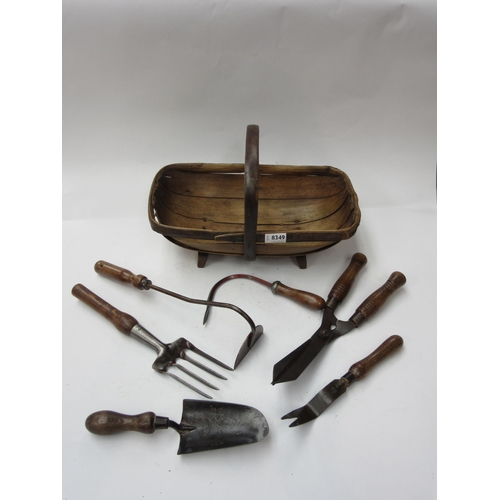 8349 - A bentwood garden trug and six garden hand tools