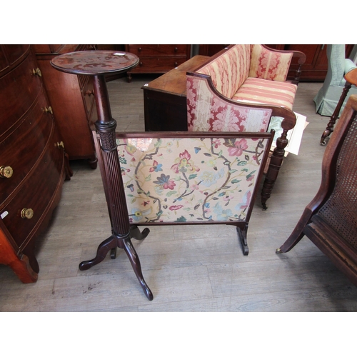 1125 - A tapestry fire screen, brass fire tools, a pot stand and jardiniere stand with reeded column tripod... 