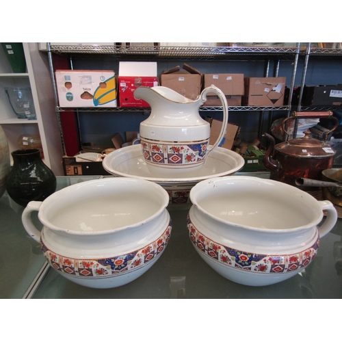 1582 - A Victorian four piece wash set white ground imari palette bands and another pottery six piece wash ... 