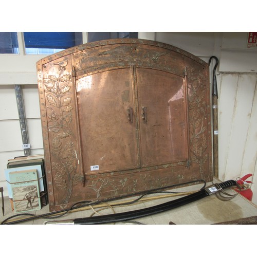 8222 - A brass Arts & Crafts two door oven front, plaque D.E.N DALES, NORTHWOLD, decorated with oak leaves,... 