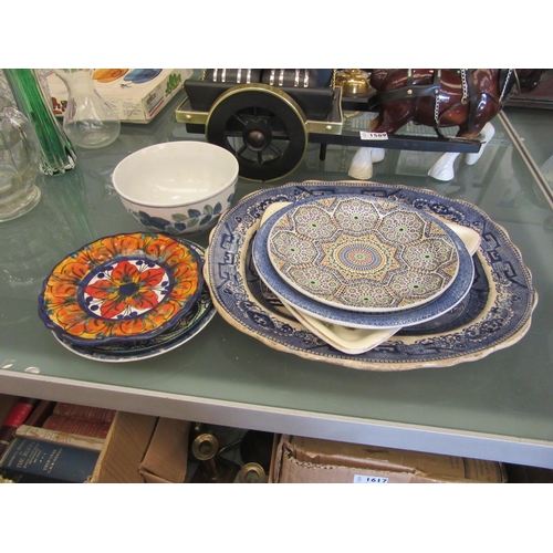 1590 - A 19th Century Willow pattern meat platter, a Cauldons Willow pattern plate, two Continental floral ... 