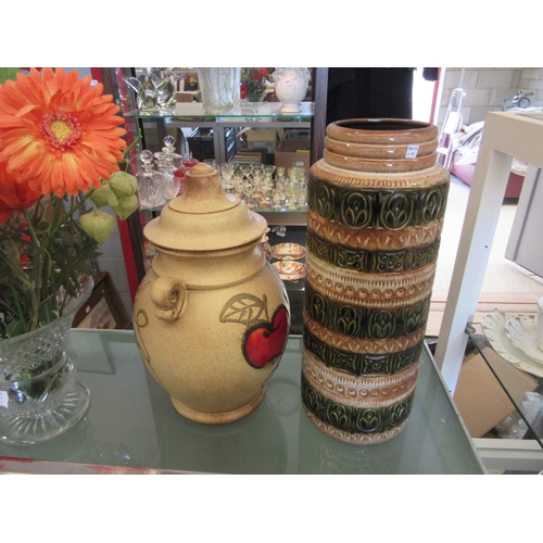 1603 - A West German pottery floor vase in beige and green, 42cm tall, together with a Rumtopf (2)