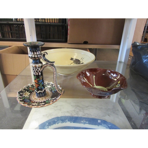 1609 - Two studio pottery bowls and a Swiss chamber candle stick (3)