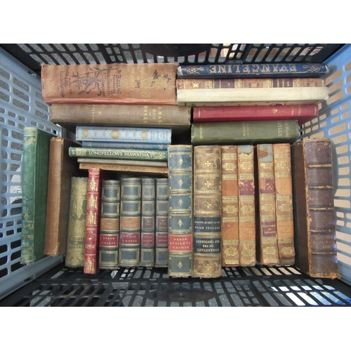 1611 - A box of miscellaneous books to include four leather bound volumes: Byron's Works Vol. III, IV, V & ... 