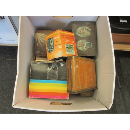 1628 - A box of mixed including vintage tins, Polaroid Land camera, Kingston camera and Coronet 