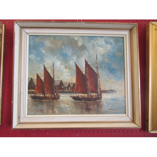 1043 - An oil on board of two ships by dock, indistinctly signed lower left, framed, 34.5cm x 42.5cm