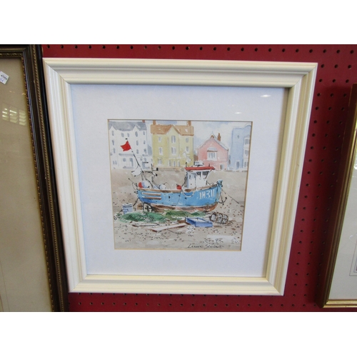 1044 - LENORA STEWART: 'Fishing boat - Aldeburgh' watercolour, signed lower right, framed and glazed, 20cm ... 