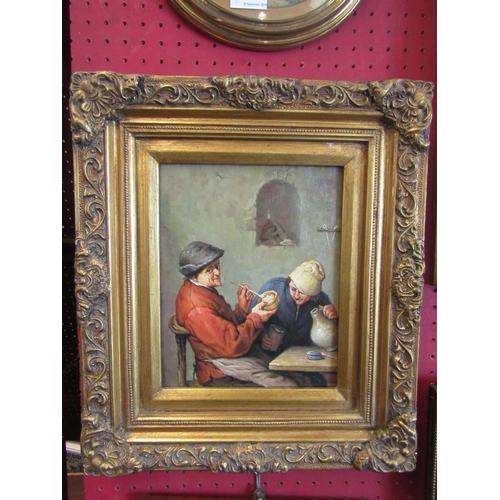 1051 - A gilt framed oil on board of two men in interior scene, 24cm x 19cm image size