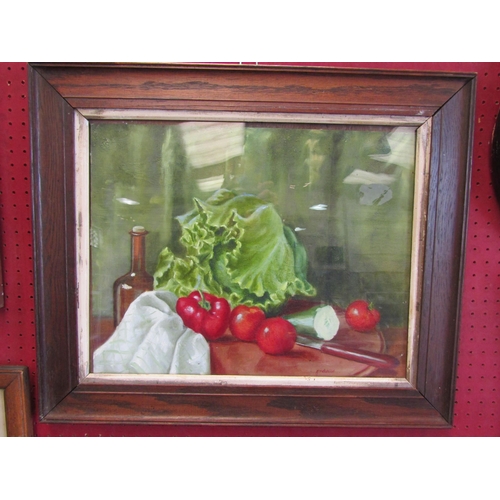 1057 - J.MELVILLE: A still life oil on board of vegetables, a bottle, cloth and knife on a board.  Signed l... 