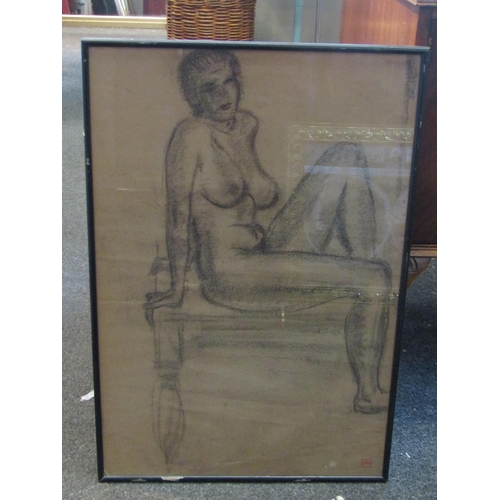 1066 - Two sketches of female nudes, one in charcoal, the other in ink and pastel.  Both bearing the same m... 