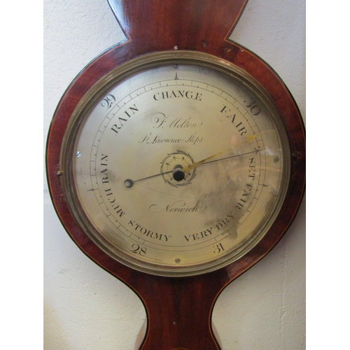 1096 - A 19th Century F. MOLTON, Norwich banjo barometer with silvered dial, mahogany line inlaid case, 93c... 