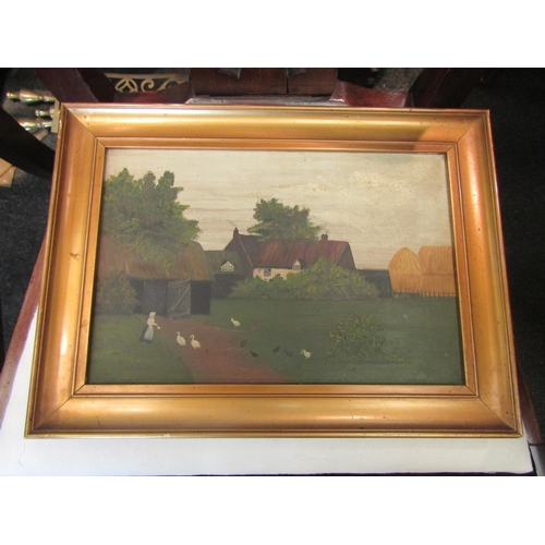 1131 - S.G COATES: A naïve oil on canvas depicting farmhouse scene, lady feeding birds, signed lower right,... 