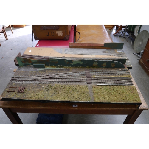 2397 - A scratch built 0 gauge model railway layout in three sections, overall length approx. 339cm, conver... 