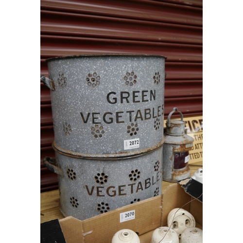 2072 - Two enamel vegetable storage tins