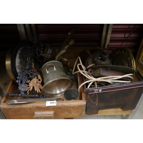 2082 - Two trays of mixed metal odds including lamp bracket and pressure gauge