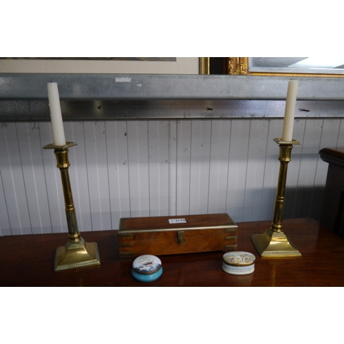 2158 - A pair of brass candlesticks, a hardwood and brass bound trinket box, two enamel trinket boxes  (5)