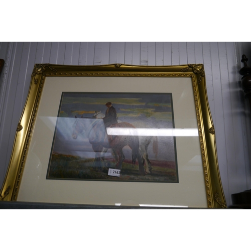 2162 - A gilt framed oil on board man and horses