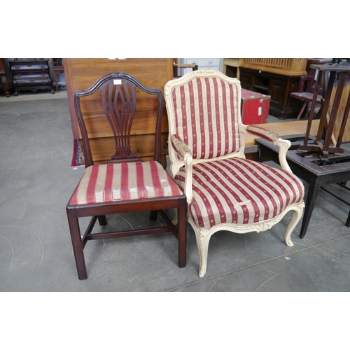 2241 - A French painted elbow chair and mahogany side chair