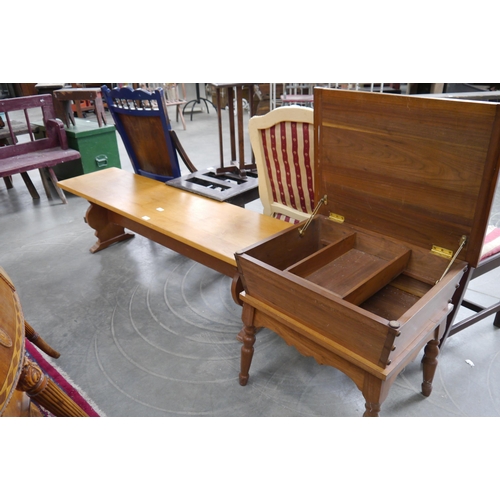 2244 - A hardwood jointed bench seat together with a hardwood sewing box (2)