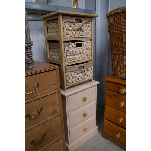 2294 - A painted pine bedside chest of three drawers together with a woven drawer unit